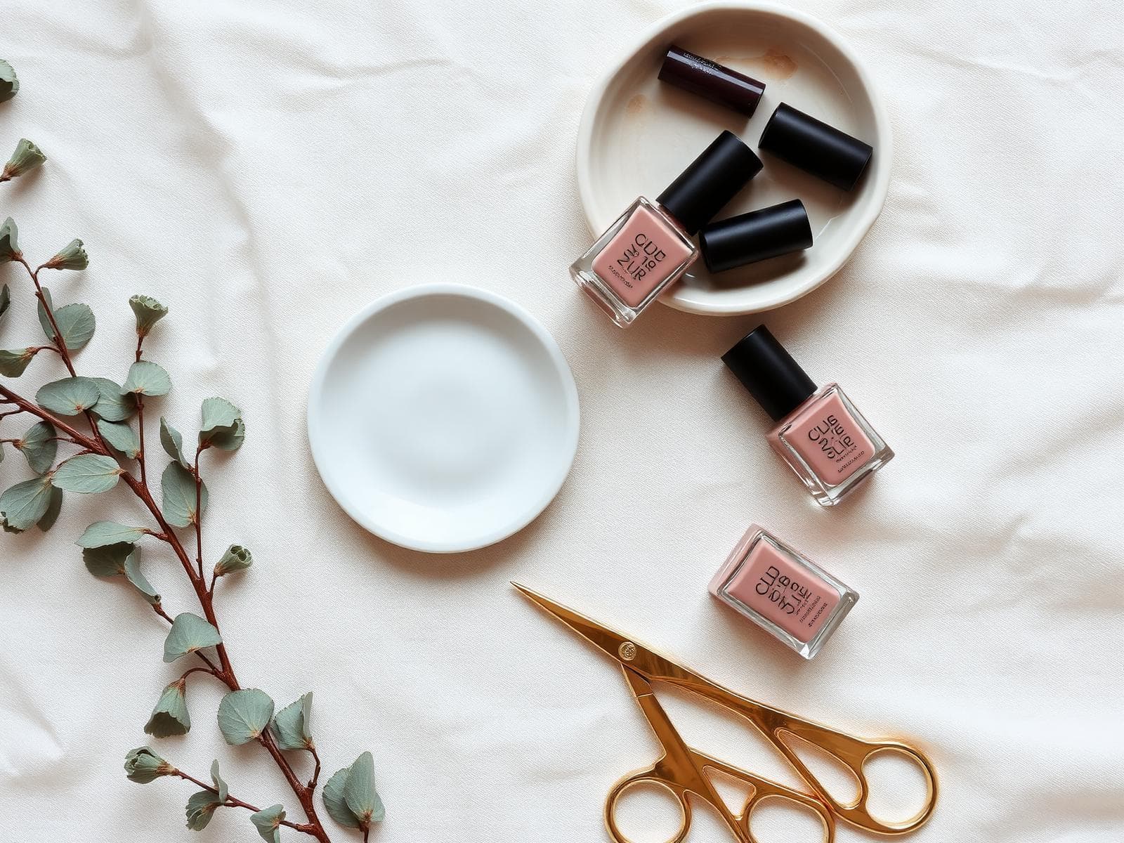 A serene flat lay of nail polish bottles and tools
